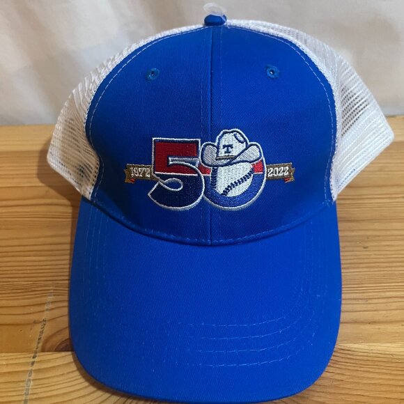 Texas Rangers Hat Cap Men's Blue White Logo Snap Back Trucker 50th Anniversary U - Picture 1 of 2